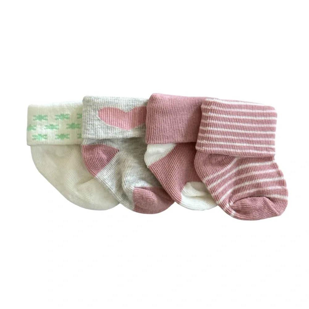 Adorable Pink and White Baby Socks Set of 4, 0-6 months